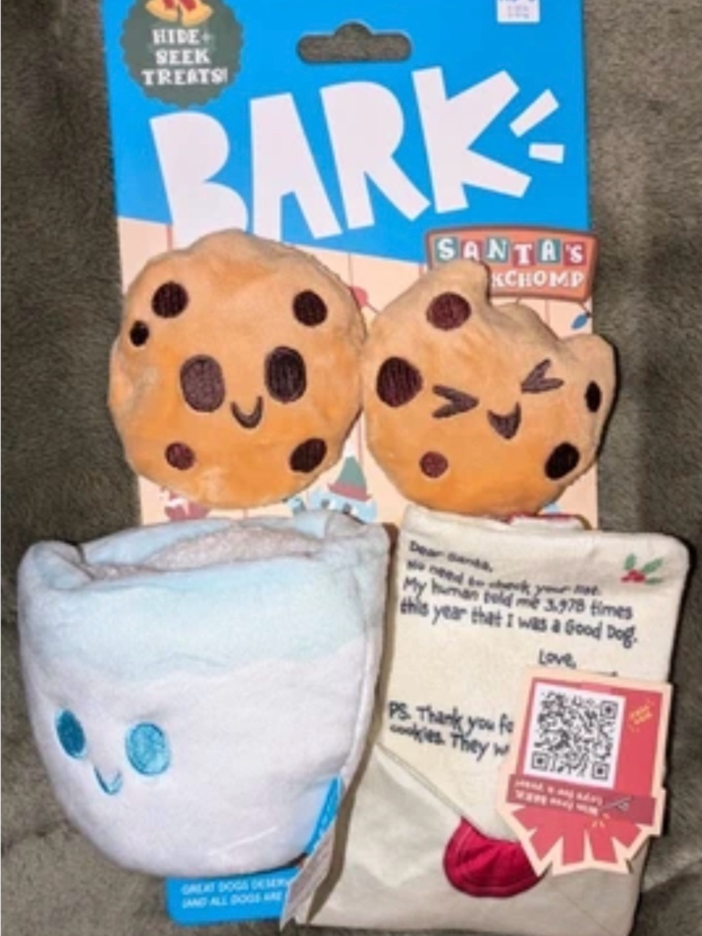 Bark Plush Holiday Cookies & Mug Set - Tan, White, Blue